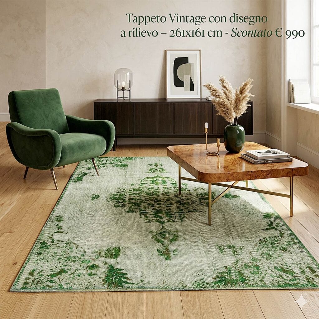 Un soggiorno moderno con una poltrona verde, un tavolino in legno e un tappeto vintage 3312 con motivi verdi. Una credenza scura, opere d'arte e un vaso con erba della pampa essiccata completano questo spazio elegante. Il testo italiano pubblicizza il tappeto.