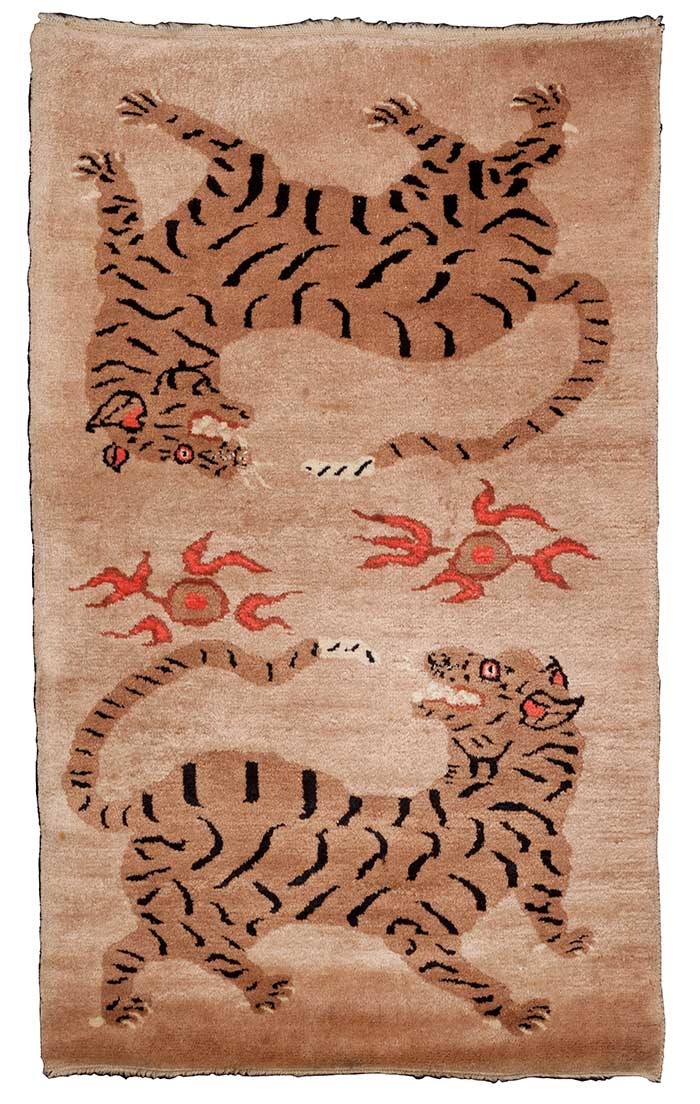 Tappeto Tibetano Coppia di tigri con perle di fuoco primi ‘900 Misure: 146×89 cm Codice: 2718