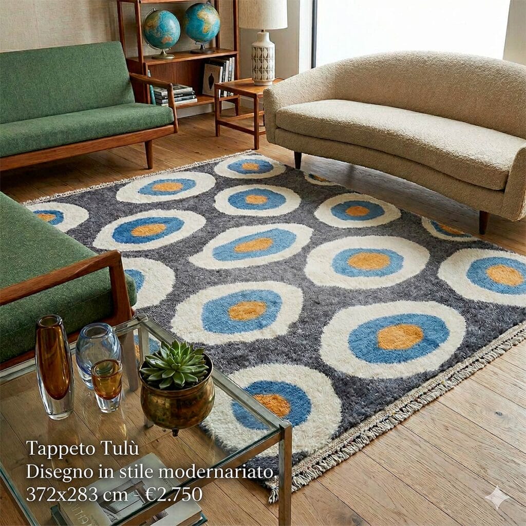Un soggiorno moderno con divano verde, poltrona beige, tavolino in vetro con piante e un coloratissimo tappeto moderno 3022 con motivi circolari blu, bianchi e arancioni. Il testo in italiano descrive le dimensioni e il prezzo del tappeto.