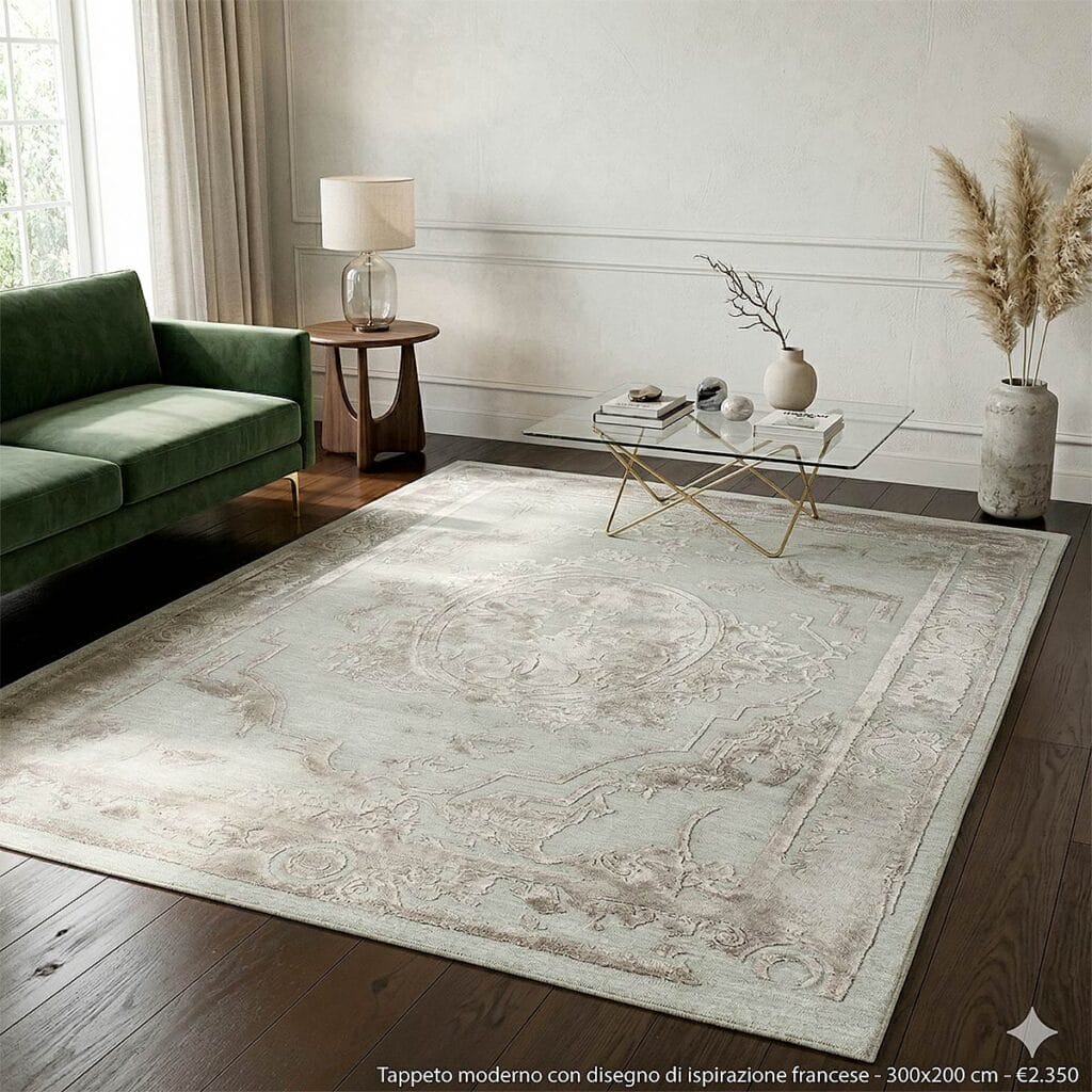 Soggiorno moderno con divano verde, tavolino in vetro, lampada e tappeto moderno con motivi di ispirazione francese su un pavimento in legno scuro. La luce del sole entra da una finestra con tende bianche.