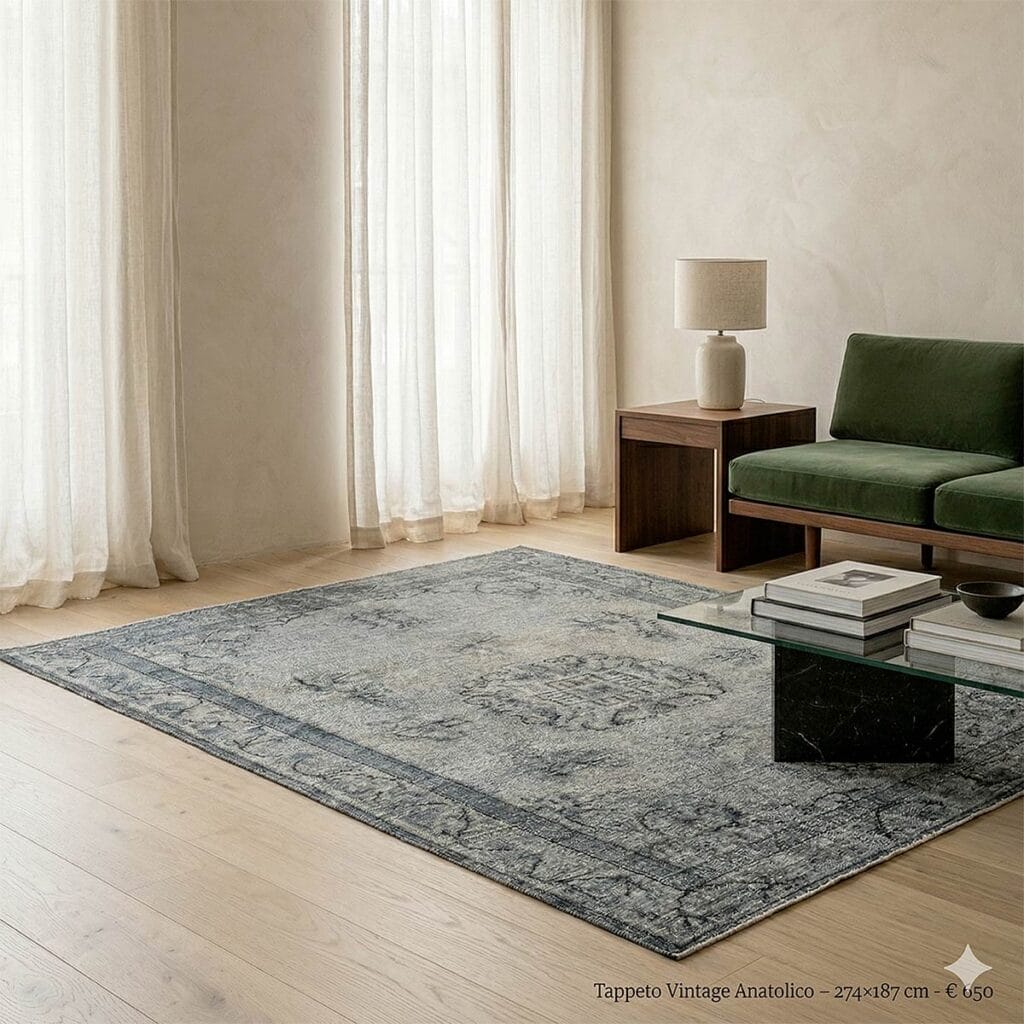 Un soggiorno minimalista con pavimenti in legno chiaro, un tappeto Tappeto vintage, un divano verde, un tavolino in legno con lampada, un tavolino in vetro e tende bianche velate che coprono le finestre alte.