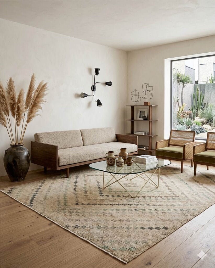 Un soggiorno moderno con un divano beige, due poltrone verdi, un tavolino in vetro, un tappeto Tappeto Vintage, un grande vaso con erba pampa, mensole minimaliste, opere d'arte a parete e una grande finestra che si affaccia su un giardino.