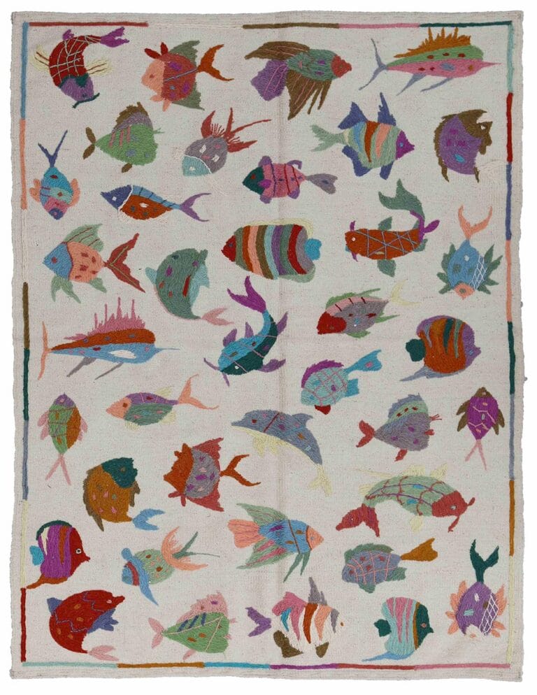 Kilım annodato a mano con disegni colorati di pesci, dimensioni 175x120 cm