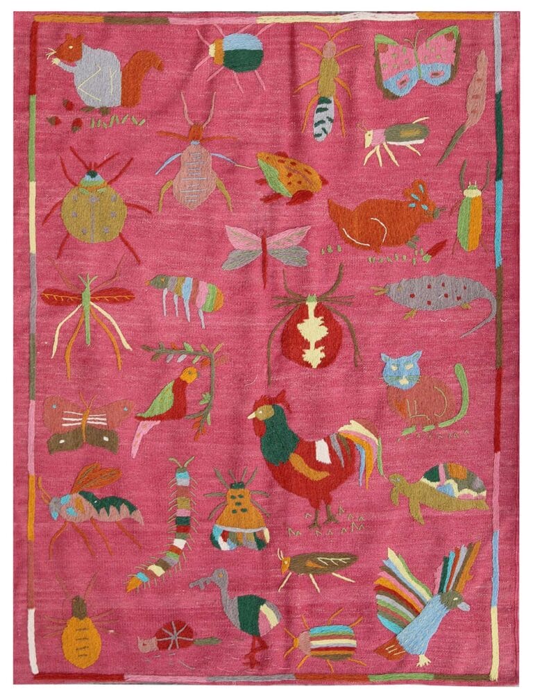 Kilım annodato a mano con disegni colorati di animali, insetti e uccelli, dimensioni 170x124 cm