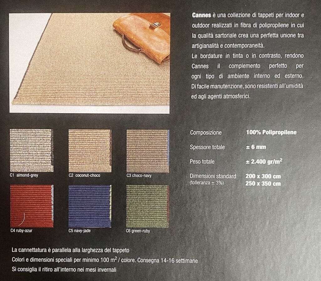 Esplora sei campioni di tappeti, le specifiche del prodotto e una breve panoramica della collezione di tappeti in polipropilene Stuoia Cannes.