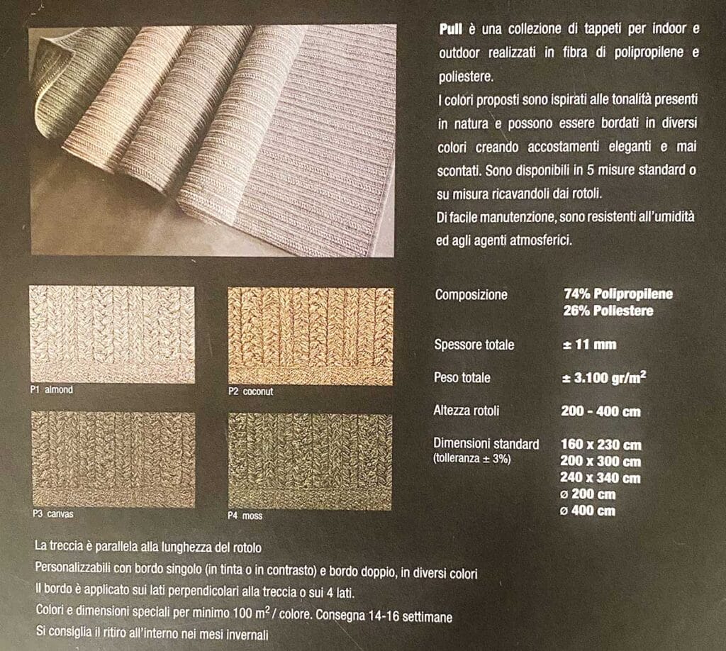 Una pagina del catalogo che mostra campioni di tappeti in quattro colori, la composizione delle fibre e i dettagli del prodotto in italiano.