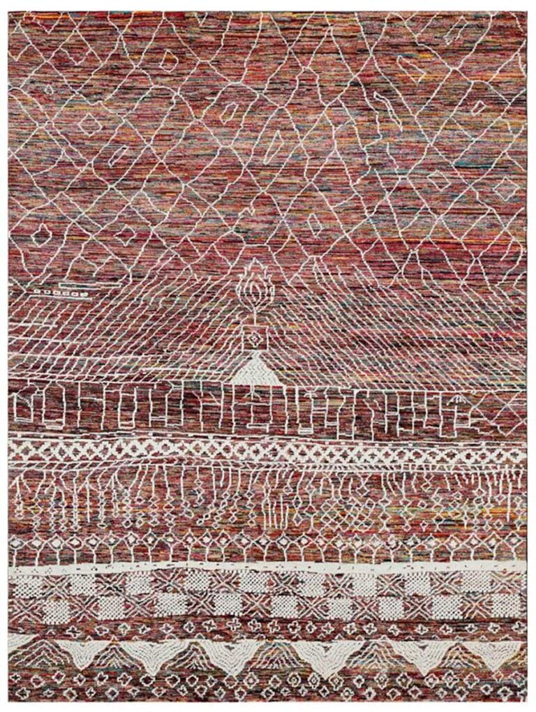 Tappeto Berber moderno con disegno bianco su fondo multicolore. Stile deciso e raffinato per ambienti contemporanei e di design.