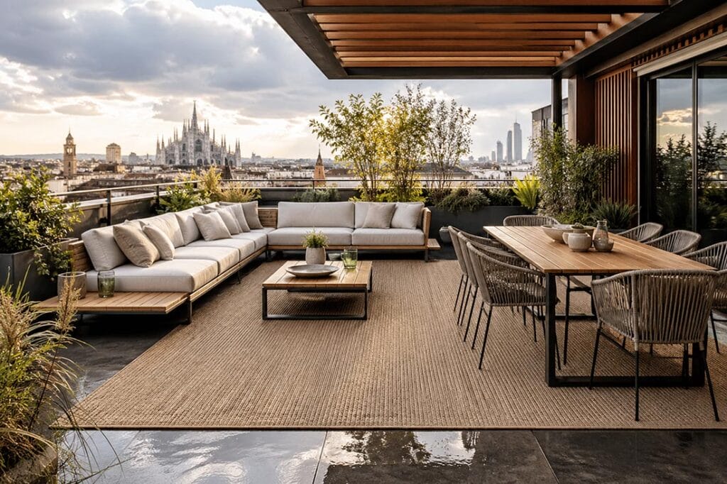 Una moderna terrazza sul tetto con comodi posti a sedere, un tavolo da pranzo, piante e stuoie di design Rosecarpets, che offre una vista sullo skyline della città con una grande cattedrale e grattacieli in lontananza sotto un cielo parzialmente nuvoloso.
