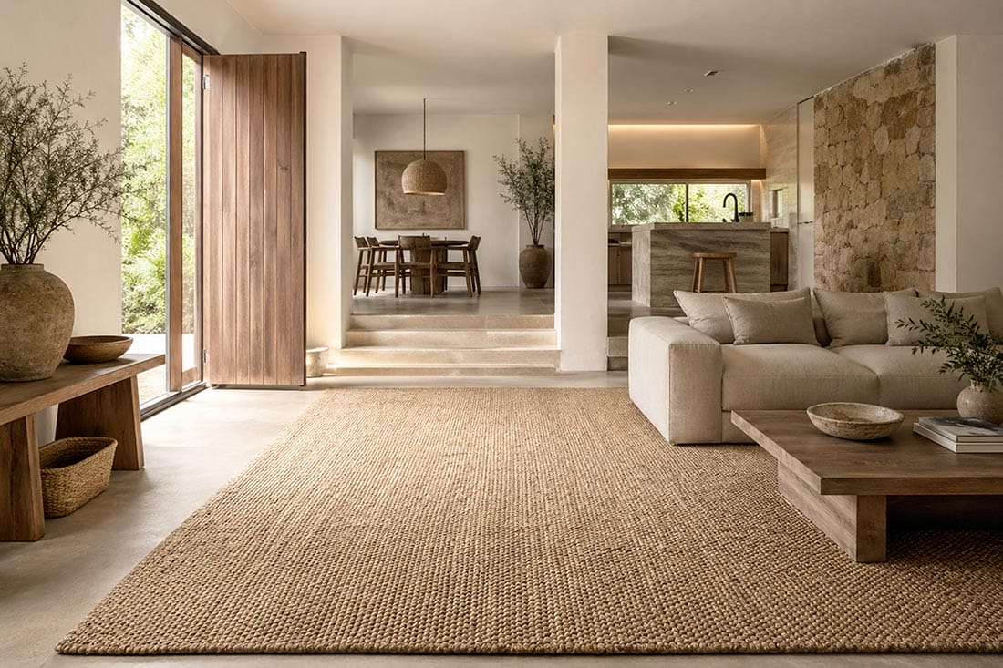 Un soggiorno luminoso e moderno con arredi neutri, un grande tappeto intrecciato Rosecarpets, un divano beige, un tavolino in legno, piante da interno e una vista aperta sulla zona pranzo e sulla cucina con accenti in pietra naturale.