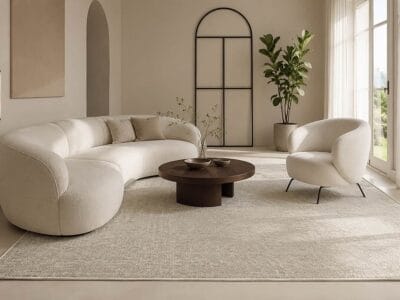 Un soggiorno moderno con un divano bianco dalla linea curva, una poltrona rotonda, un tavolino in legno e un grande tappeto in moquette, il tutto impreziosito da una pianta alta e da un elemento decorativo a forma di arco appeso alla parete. La luce entra a fiotti dalle vetrate a tutta altezza.