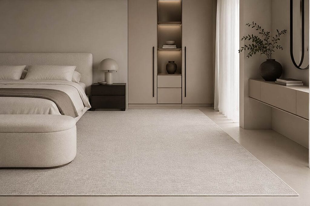 Camera da letto in stile minimalista con un grande tappeto in moquette chiaro, un letto beige, un comodino scuro, scaffali a muro, un'illuminazione soffusa, una pianta su una consolle bassa e tende trasparenti che lasciano entrare la luce naturale.