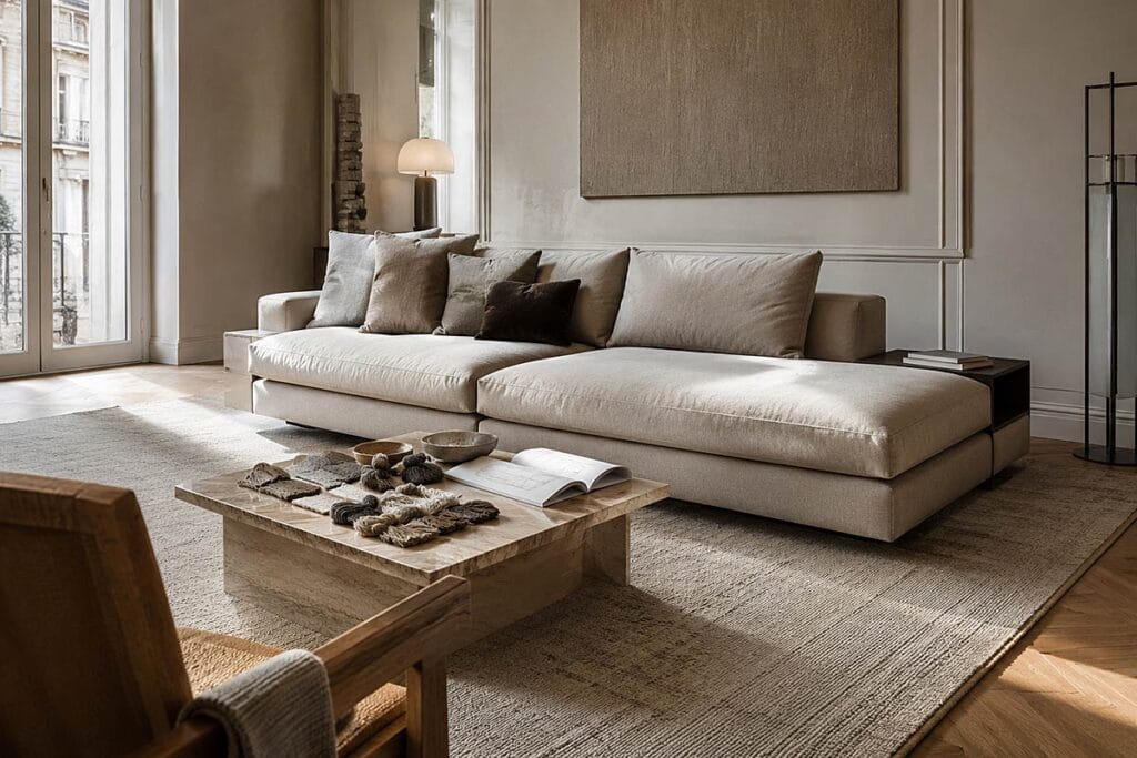 Soggiorno moderno con un ampio divano componibile beige, cuscini dai toni neutri, un tavolino in legno chiaro, oggetti decorativi e una morbida luce naturale che filtra dalle ampie finestre. L’arredamento minimalista, caratterizzato da colori e texture naturali, è valorizzato da eleganti tappeti e stuoie che conferiscono calore e profondità all’ambiente.