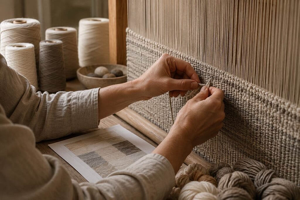 Una persona tesse un tessuto su un telaio verticale, circondata da bobine di filo, gomitoli di filato e una tabella dei colori appoggiata su un tavolo di legno, realizzando con cura stuoie e moquette dai disegni intricati.