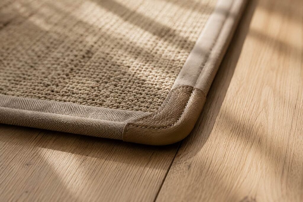 Primo piano dell'angolo di un tappeto intrecciato color beige con bordi in tessuto, posato su un pavimento in legno chiaro, con la luce soffusa del sole e le ombre che si stagliano sulla superficie: un elegante esempio di “stuoie” o “tappeti” che conferiscono calore e consistenza a qualsiasi ambiente.